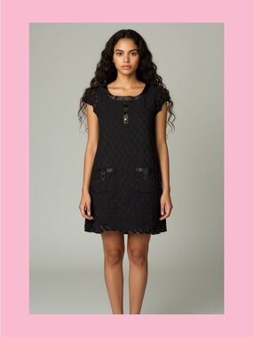 Enfocus Studio elegant Black Short Sleeve Textured Shift Dress with Button Trim